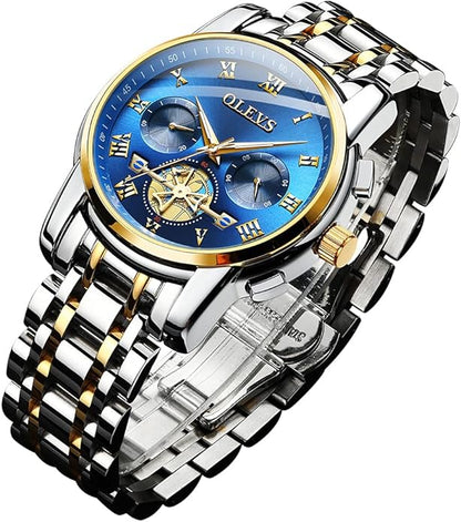 OLEVS Mens Watches Fashion Casual Analog Quartz Watch Waterproof Dress Wrist Watches with Stainless Steel Band Day Window for Men (Band with Gold Blue dial)