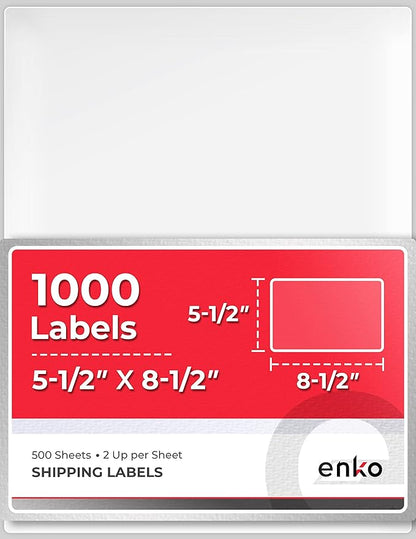 enKo 5-1/2 x 8-1/2 Inch Label - White Blank - 2 Per Sheet Half Shipping Labels for Laser Inkjet Printer (500 Sheets, 1000 Labels)