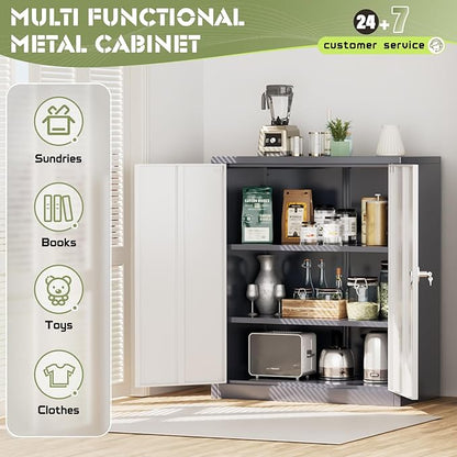 SUNCROWN Metal Storage Cabinets, 36”Locking Cabinet with Doors and Adjustable Shelves, Steel Utility Tool Garage Cabinets for Home, Office, Kitchen,Warehouse （Grey & White）