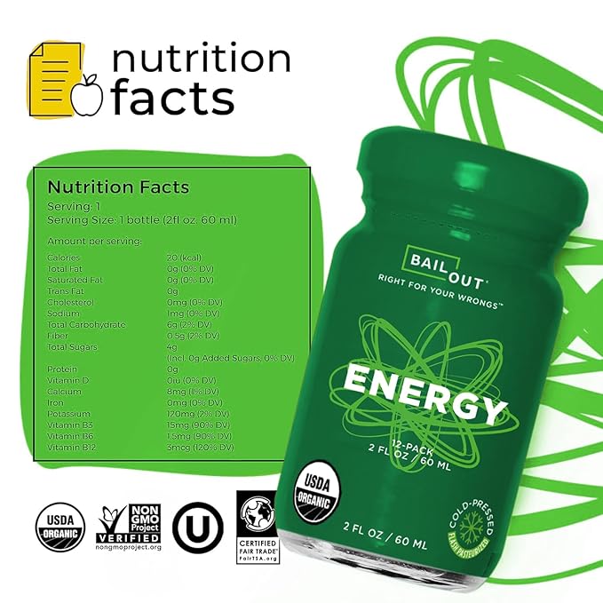 Bailout Wellness - Energy Shot, Energy Drink for Brain Focus and Long-Lasting Energy, All-Natural Ingredients and Gluten-Free, 2 Fluid Ounces, Pack of 12