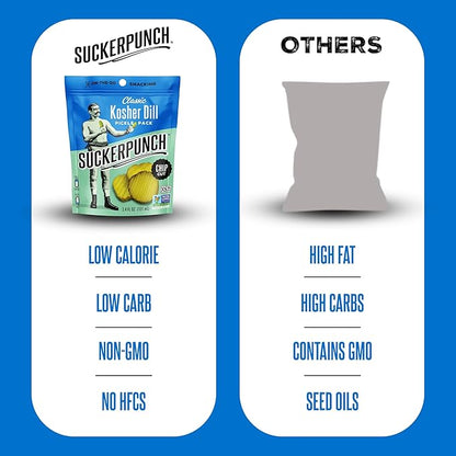 SuckerPunch Classic Dill Pickle Chips, Snack Pack, Gluten Free, Kosher, Sugar Free, Low Calorie, Low Carb, Ready to Eat, on the Go, Non GMO, Keto Friendly, Vegan, 3.4 Oz, Single Serve Pouch (12 Pack)