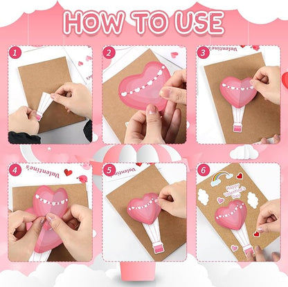 SYUCVQI 18 Pack Valentine's Day DIY Card Making Kit 3D Heart Hot Air Balloon Greeting Cards with Envelope Sticker Valentines Craft School Classroom Valentine Party Gift