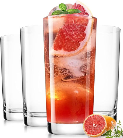 LUNA & MANTHA Drinking Highball Glasses Set of 4, Water Glasses 16 oz, Wide Mouth Design Lead-Free Crystal Glassware, Tall Glass Cups for Mojito and Tom Collins, Cocktail