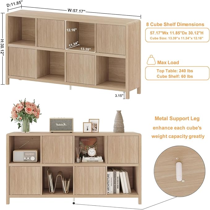 FATORRI 8 Cube Bookshelf with 4 Doors, Modern Mid Century Wood Book Shelf with Storage, Low Horizontal Cubby Bookcase for Home Office (Light Walnut)