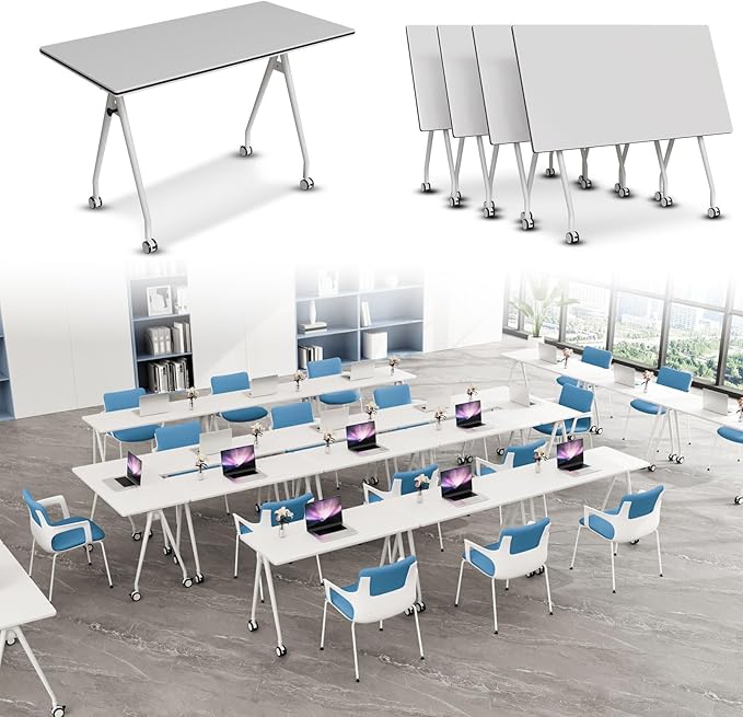 Folding Conference Table, Rectangular Conference Room Tables, Mobile Modular Training Table, Solid Steel Frame,Thickened Panel,for Offices,Meeting Room,Offices andSchools (4, White, 55in)