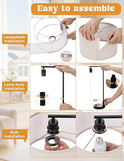 Gold Table Lamp with USB Port and Outlet, Dimmable Nightstand Bedside Lamps with Linen Lampshade, Desk Lamp for Bedroom, Living Room, Guest Room, Home Office, LED Bulb Included