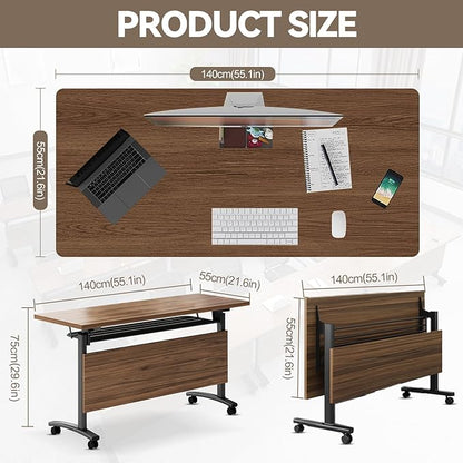 Conference Table Folding Conference Room Tables, Modern Mobile Meeting Training Table with Silent Wheels, Foldable Seminar Table for Offices, Classrooms, Libraries (8, Walnut, 55.1in)