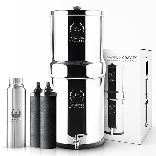 Gravity Water Filter System 2.25 G NSF Certified – Rust Free Stainless Countertop Water Filter | 2 Smart Carbon Filters | Steel Spigot | Manual Install | No Electricity or Plumbing required | Portable