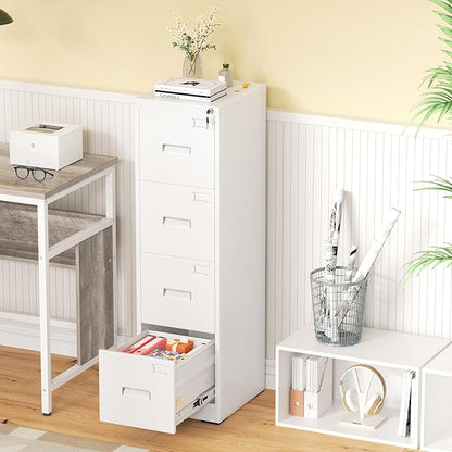 Greenvelly 4 Drawer File Cabinet with Lock, White Metal Vertical Filing Cabinet for Home Office Fit Legal/Letter/A4/F4 Size with Hanging Bars&Key