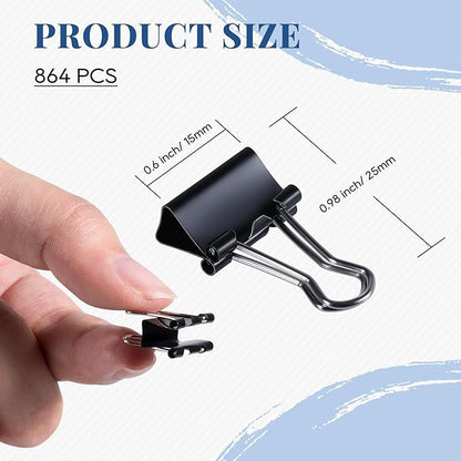 Small Binder Clips Bulk 864 PCS - Mini Binder Clips 15mm Paper Clip 5/8 Inch Paper Clamps, Micro Black Metal Binding Paperwork Clamp, School Teachers Office Supplies