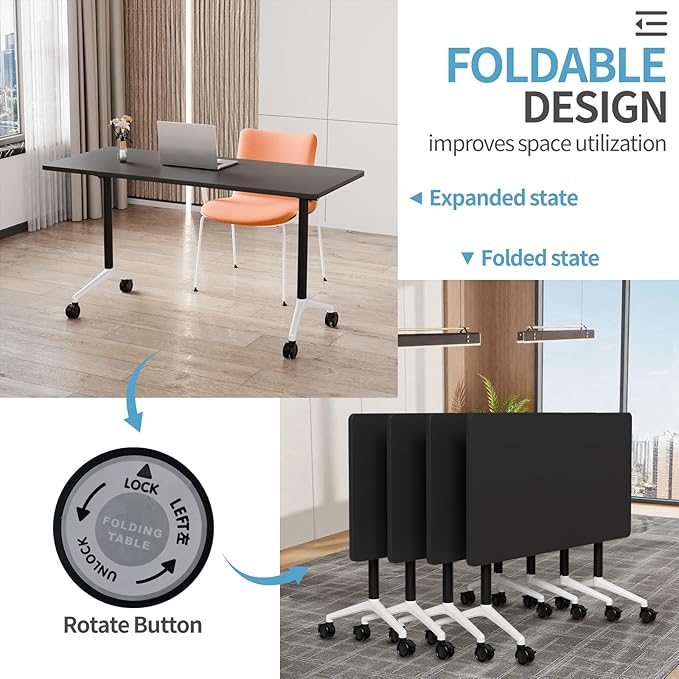 Conference Table Folding Conference Room Tables, Modern Mobile Meeting Training Table with Silent Wheels, Foldable Seminar Table for Offices, Classrooms, Libraries (2, Black, 55.1in)