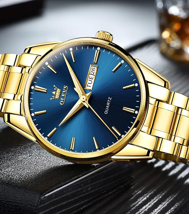 OLEVS Men's Luxury Watch Waterproof Luminous Easy Read Chronograph Watches Full Gold/White Dail/Black Face with Calendar Wristwatch