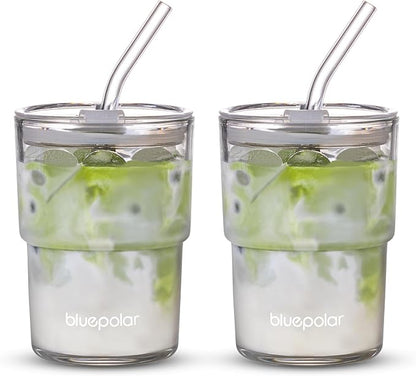 13oz/400ml Glass Water Tumbler with Straw and Lid Sealed Carry On Thick Wall Iced Coffee Cup Glass Cup for Water, Iced Tea Fruit Juice Etc (White-2Pack)