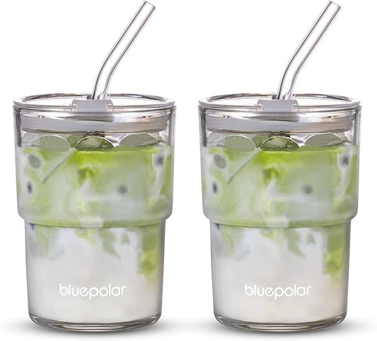 13oz/400ml Glass Water Tumbler with Straw and Lid Sealed Carry On Thick Wall Iced Coffee Cup Glass Cup for Water, Iced Tea Fruit Juice Etc (White-2Pack)