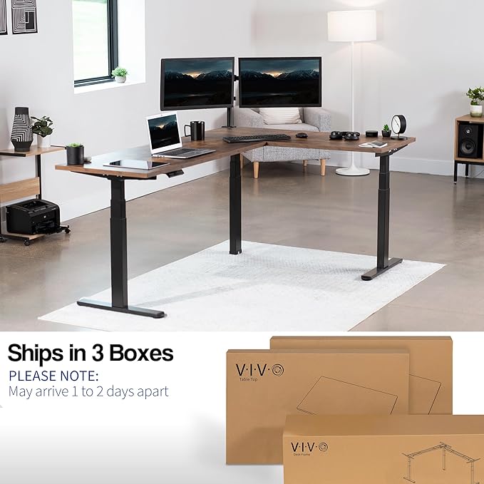 VIVO Electric 78 x 55 inch Square Corner Memory L Shaped Stand Up Desk, Rustic Vintage Brown Table Top, Black Frame, Corner Height Adjustable Workstation, 3E-S Series, DESK-KIT-3E5SBN