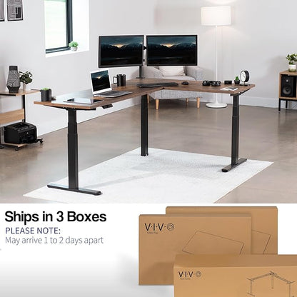 VIVO Electric 78 x 55 inch Square Corner Memory L Shaped Stand Up Desk, Rustic Vintage Brown Table Top, Black Frame, Corner Height Adjustable Workstation, 3E-S Series, DESK-KIT-3E5SBN