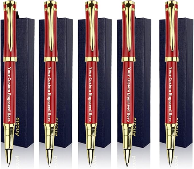 Ancolo Engraved Pens Fancy Roller Pens with 5 Gfit Box 10 extra Black Refills Metal Body Engraved with Your Message Personal Names Phone Number, Gift for Men Women