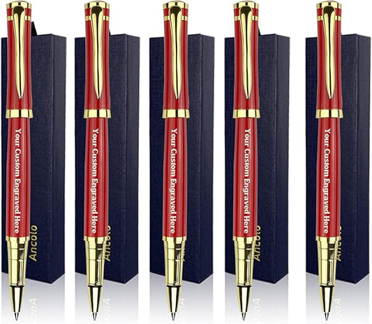 Ancolo Engraved Pens Fancy Roller Pens with 5 Gfit Box 10 extra Black Refills Metal Body Engraved with Your Message Personal Names Phone Number, Gift for Men Women