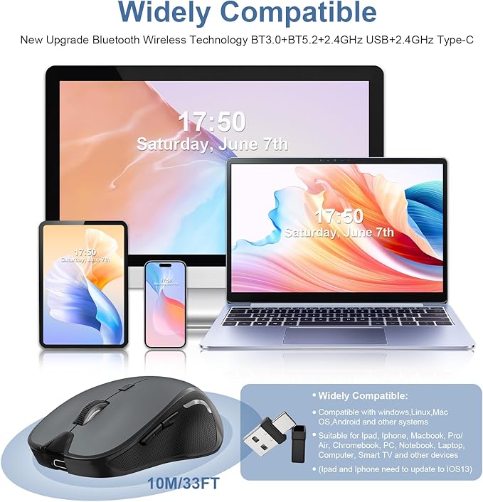 Mouse for MacBook Wireless Bluetooth Mouse Laptop MacBook Air Mac Pro Rechargeable Silent PC iPad Optical Mouse with Jiggler Dual Mode Switch Bluetooth 5.2/3.0 and 2.4GHz USB Type-C Receiver Purple