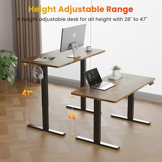 55x24 Inches Height Adjustable Electric Standing Desk with 2 Hooks for Home Office, Ergonomic Sit Stand up Desk with Splice Board, Rustic Brown