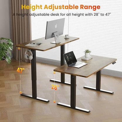55x24 Inches Height Adjustable Electric Standing Desk with 2 Hooks for Home Office, Ergonomic Sit Stand up Desk with Splice Board, Rustic Brown