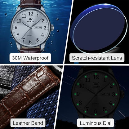 Men's Casual Leather Watch, Easy to Read Three-Hand Analog Stainless Steel Watches for Men, Minimalist Day Date Waterproof Luminous Mens Quartz Wristwatch