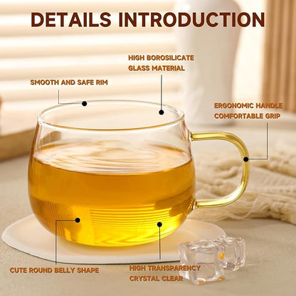 Glass Tea Cups Set of 4, Clear Borosilicate Glass Teacups with Colorful Handle for Tealover, Dishwasher & Microwave Safe Large Coffee Mugs for Espresso Cappuccino Latte Juice, 12OZ/360ML