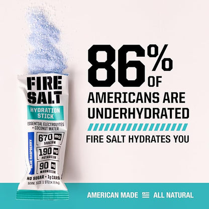 Fire Science Fire Salt Hydration Sticks, Electrolytes & Coconut Water, Hydration Drink Mix with Magnesium, Potassium & Sodium, Zero Sugar, Single Serve On The Go Packs, Berry Flavor, 32 Count