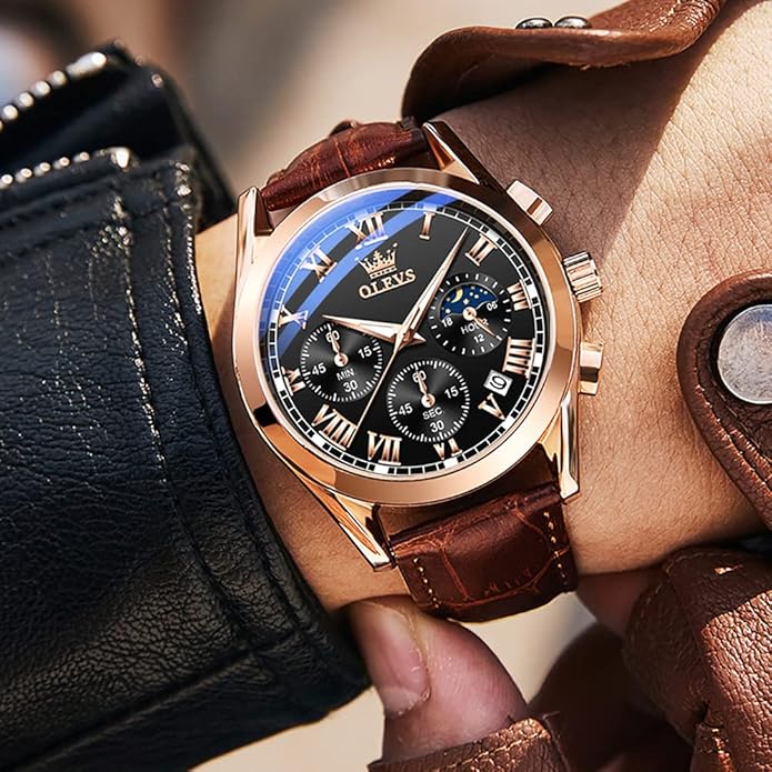 OLEVS Men's Leather Analog Quartz Watch - Luxury Chronograph Wristwatch With Date, Waterproof, Luminous - Dress Style