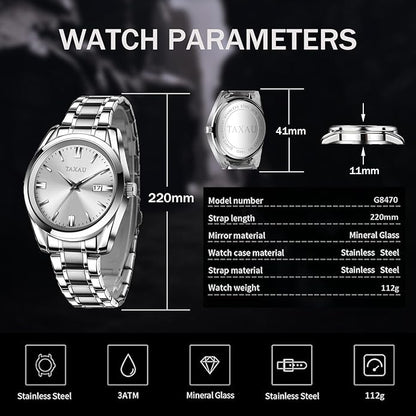 Mens Silver Watch Luxury Minimalist Dress Watch Classic Waterproof Watches for Men Analog Quartz Stainless Steel Men's Wrist Watches with Date Luminous Relojes para Hombres