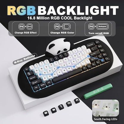 YUNZII C68 Panda Wireless Mechanical Gaming Keyboard, 68 Keys Cute Layout with PBT Keycaps,RGB Backlit, Hot Swappable,Creamy Switches,BT5.0/2.4G/Wired for Win/Mac(Black,Panda Switch)