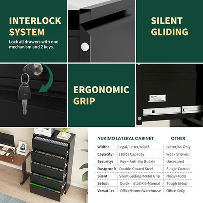 Lateral File Cabinet 5 Drawer, Metal File Cabinets for Home Office Legal/Letter A4 Size, Filing Cabinet with 5 Lock, Require Assembly, Black