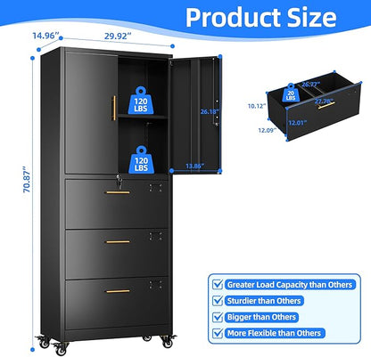 METAN Metal File Cabinet with 3 Drawers and 1 Shelves,Office Filing Cabinet on Wheels with Lock,Office Storage for Letter/Legal Size,Assembly Required,Black