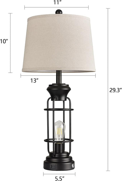 Table Lamp Set of 2 with USB Ports, 28" Tall Farmhouse Table Lamp with 2 Nightlight Bulbs,Touch Control Table Lamps for Bedroom, Rustic Bedside Lamp for End Tables,Bulbs Included,Black