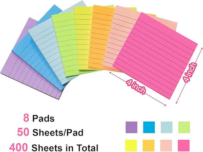 Lined Sticky Notes 4x4 in, 8 Pack Super Sticking Power Self-Stick Note Pads Bright Colors for Home, Office, School