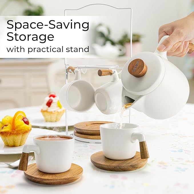 MIAMIO – 34 Oz Ceramic Tea Pot Set with Infuser and Cups/Tea Strainer, 4 Ceramic Tea Mugs (10 Oz), Bamboo Saucers/Handle for Home and Office (White)