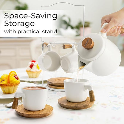 MIAMIO – 34 Oz Ceramic Tea Pot Set with Infuser and Cups/Tea Strainer, 4 Ceramic Tea Mugs (10 Oz), Bamboo Saucers/Handle for Home and Office (White)