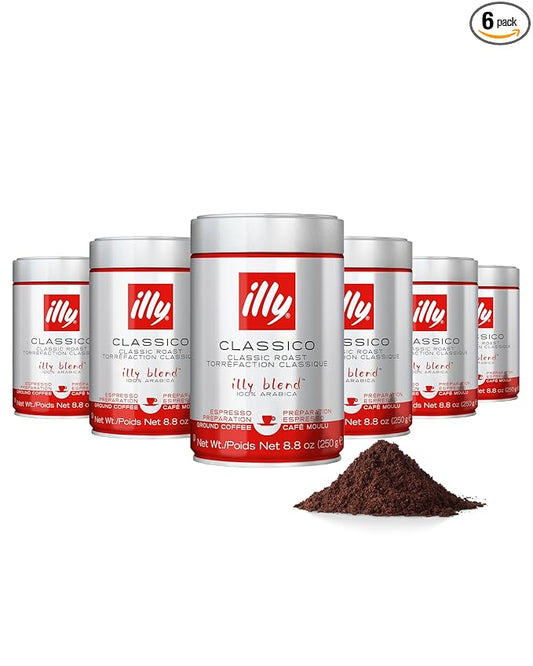 Illy Ground Espresso Coffee, Classico Medium Roast - Mild & Balanced - 100% Arabica - Pre-Ground for Espresso - Pressurized Packaging Sealed for Freshness -8.8oz (Pack of 6)