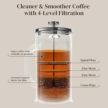 Veken French Press Coffee Maker 34oz 1 L, No Plastic Touching Cafe, Heat Resistant Thickened Borosilicate Glass, Stainless Steel Brewer,Cold Brew Cafetera Teapot for Kitchen Travel Camping,Dark Pewter