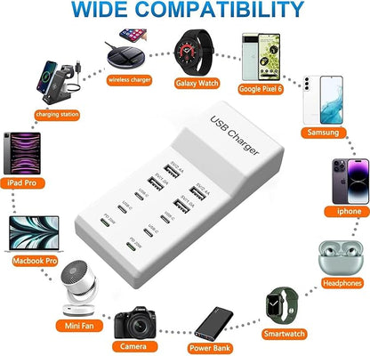 sccvee USB C Charging Station,10 Ports USB C Charger Dock Desktop 100W Multi Port with PD Fast Charger, Compatible with iPhone 14/13/12/11/Samsung S23/S22/S21/Tablet/Watch/Headphones