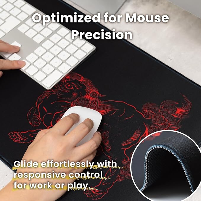 BELLEMOND Japanese Art Desk Mat | Large 31.5x11.8in Desk Pad | Mouse Pad for Keyboard & Mouse | Non-Slip Base, Water-Repellent, Smooth Precision | Kara-jishi - Twin Lions
