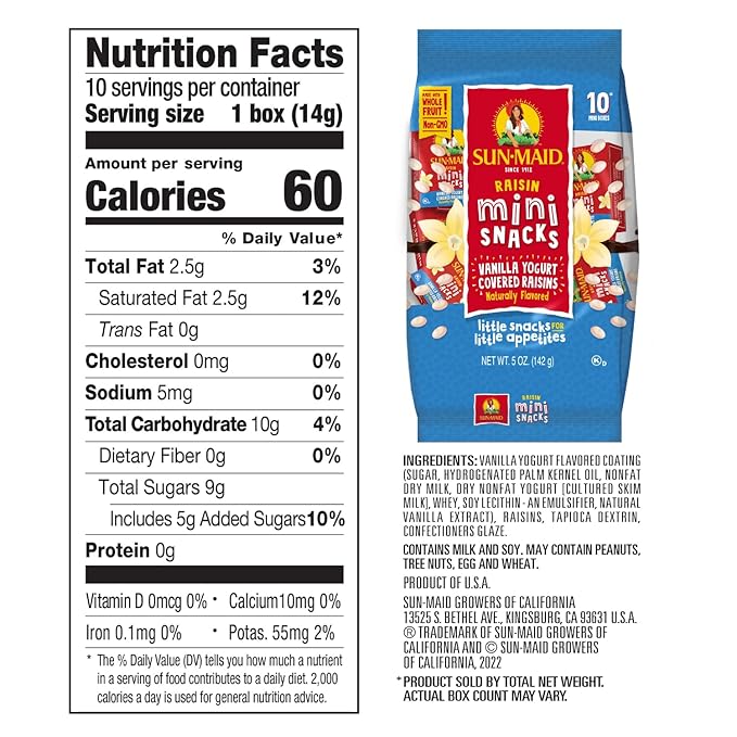 Sun-Maid Vanilla Yogurt Coated Raisins - (10 Pack) 0.5 oz Mini Snack-Size Box - Yogurt Covered Dried Fruit Snack for Lunches and Snacks