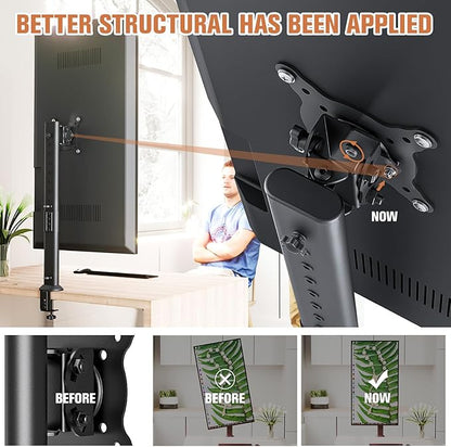 HEMUDU Single Tall Desk Monitor Arm Mount Stand Fit for 27 inch to 42 inch Flat Curved Computer Screen with Swivel, Height Adjustable, Rotation,Holds up to 77lbs, Black