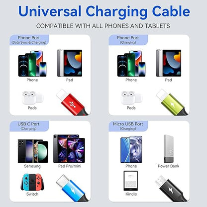 Multi Charging Cable 3.5A Multiple Charger Cable Braided 4 in 1 Multi USB Cable Fast Charging Cord with IP/Type C/Micro Ports for Cell Phones/iPhone Series/Tablets/Samsung Galaxy & More (2Pack 4Ft)