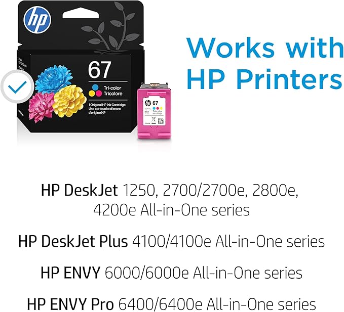 HP 67 Tri-Color Ink Cartridge | Works with DeskJet 1255, 2700, 4100 Series, Envy 6000, 6400 Series | Eligible for Instant Ink | 3YM55AN | Packaging May Vary
