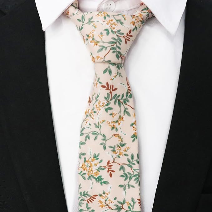 Cotton Floral Ties for Men 2.76" Men's Skinny Tie Linen Flower Printed Neck Tie for Wedding Dating Party