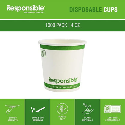 Responsible Products 4 oz Paper Hot Cups, Tree-Less™ Compostable Paper Coffee Cups, Extra Strength, Tree-Free and Made Without PFAS, White (1000 Count)