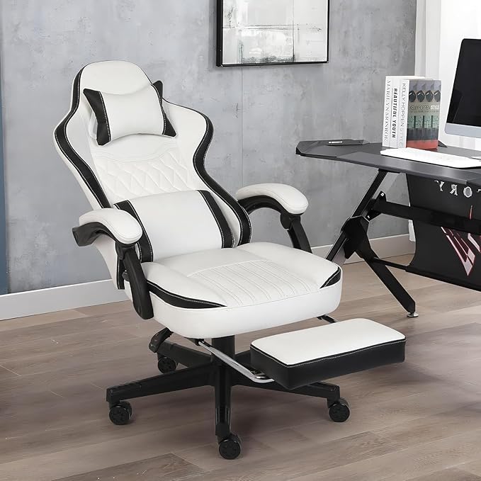 Gaming Chair, Computer Gaming Chairs with Footrest, Linkage Armrests and Lumbar Support, High Back Ergonomic Office Chair for Adults, Big and Tall Desk Chair(WhiteBlack)