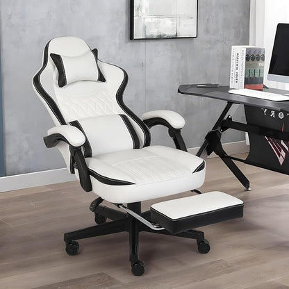 Gaming Chair, Computer Gaming Chairs with Footrest, Linkage Armrests and Lumbar Support, High Back Ergonomic Office Chair for Adults, Big and Tall Desk Chair(WhiteBlack)