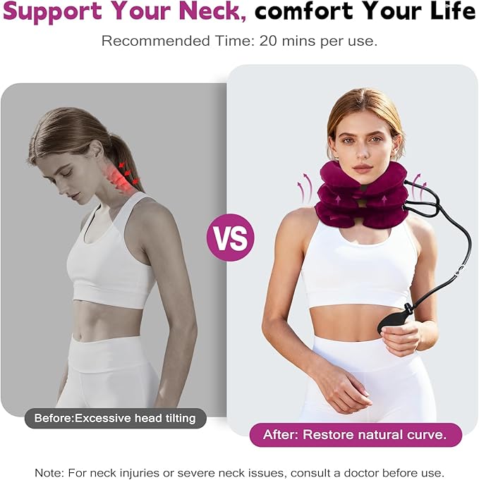Neck Stretcher,Inflatable Cervical Traction Neck Device,Neck Relief Tool,Adjustable Cervical Brace,Home Use Neck Decompression (Red)